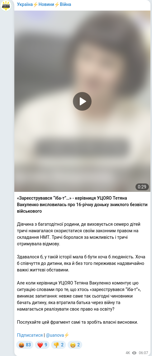 Скріншот Telegram-публікації