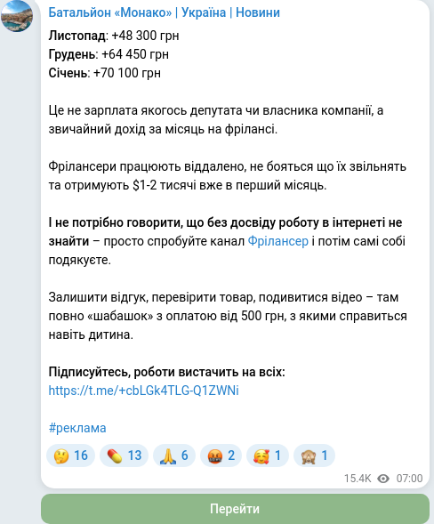 Скріншот Telegram-публікації