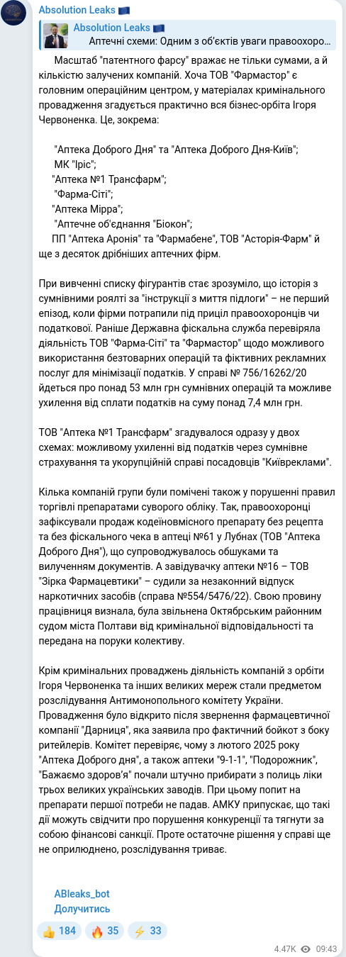 Скріншот Telegram-публікації