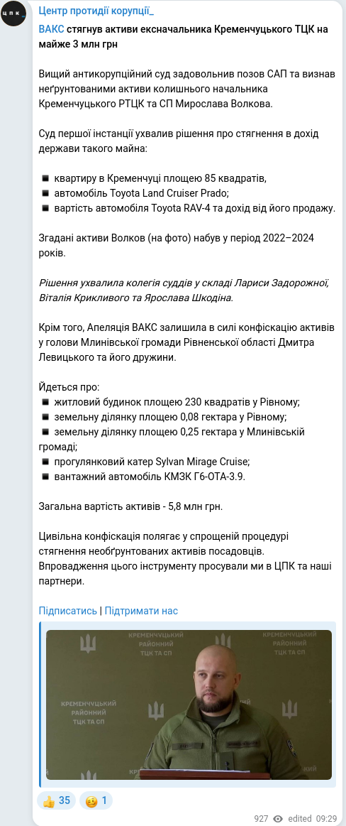 Скріншот Telegram-публікації
