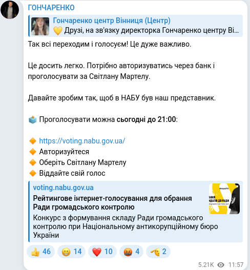 Скріншот Telegram-публікації