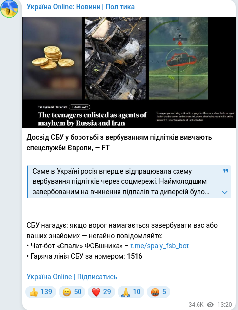 Скріншот Telegram-публікації