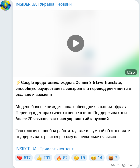 Скріншот Telegram-публікації