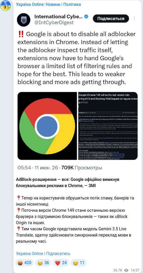 Скріншот Telegram-публікації