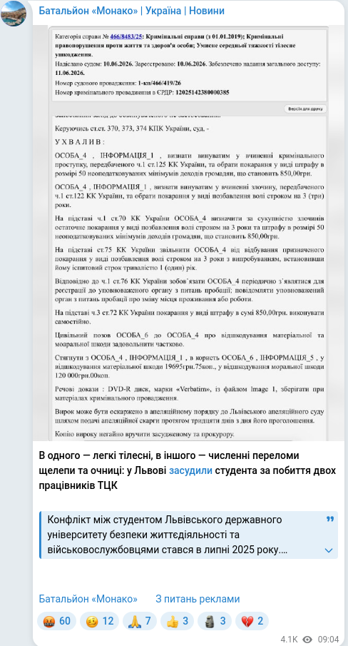 Скріншот Telegram-публікації