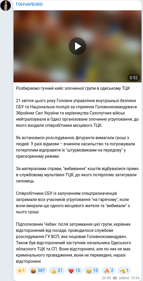 Скріншот Telegram-публікації