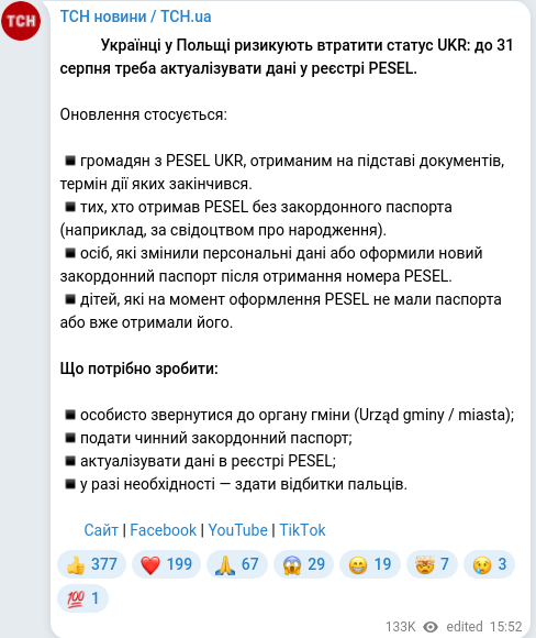Скріншот Telegram-публікації