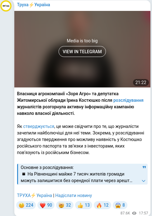 Скріншот Telegram-публікації