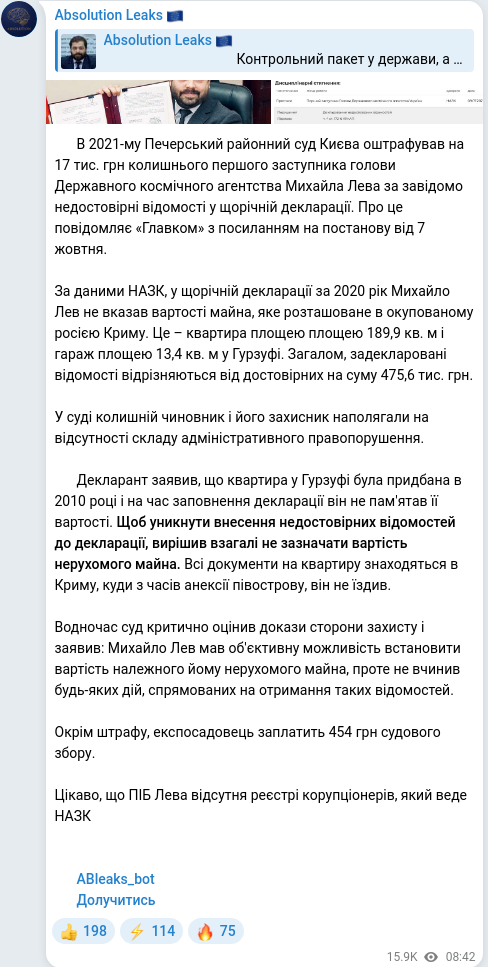 Скріншот Telegram-публікації