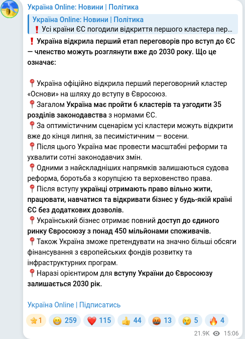 Скріншот Telegram-публікації