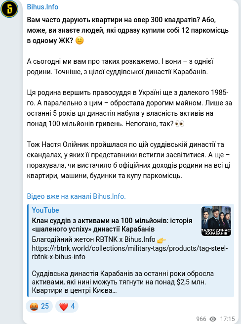 Скріншот Telegram-публікації