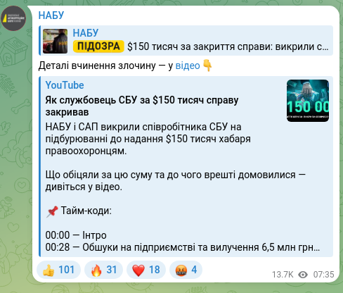 Screenshot of a Telegram post: Деталі вчинення злочину — у відео👇