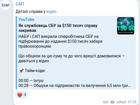 Скріншот Telegram-публікації