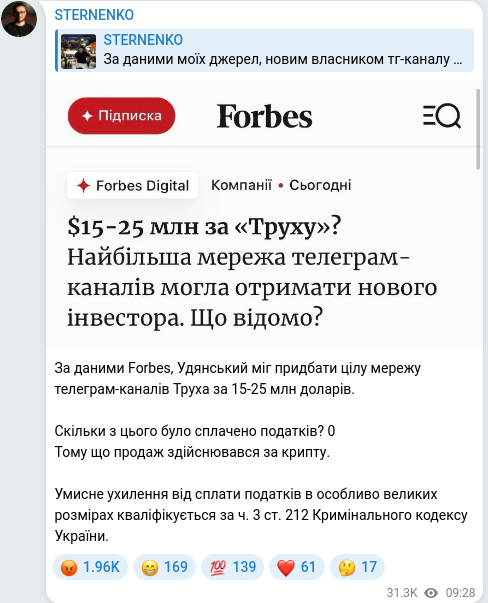 Скріншот Telegram-публікації