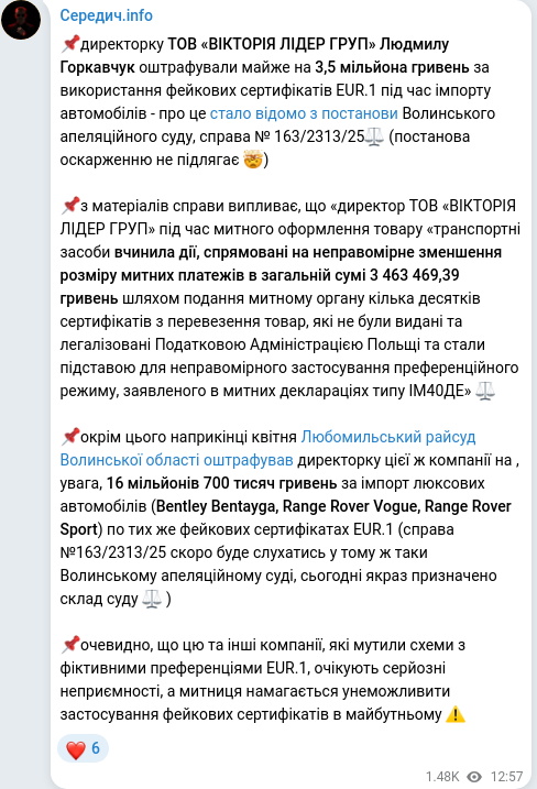 Скріншот Telegram-публікації