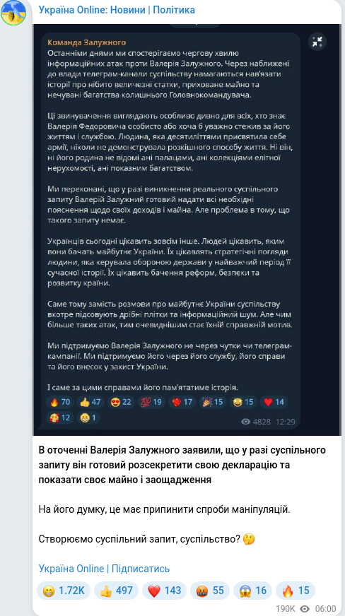 Скріншот Telegram-публікації
