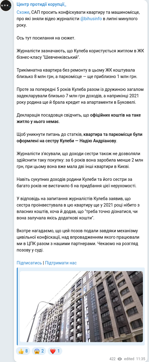 Скріншот Telegram-публікації
