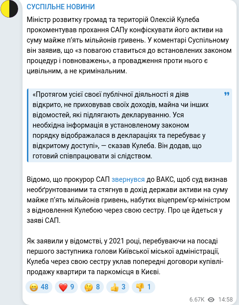 Скріншот Telegram-публікації
