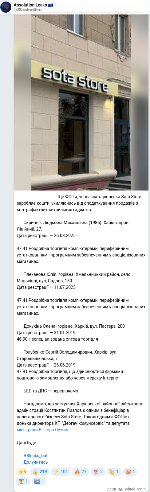 Скріншот Telegram-публікації: Лизлов Костянтин Сергійович — 🔒🧡🧡🧡🧡🧡🧡 Ще ФОПи, через які харківська Sota Store заробляє…