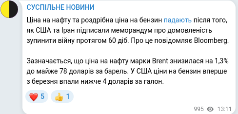 Скріншот Telegram-публікації