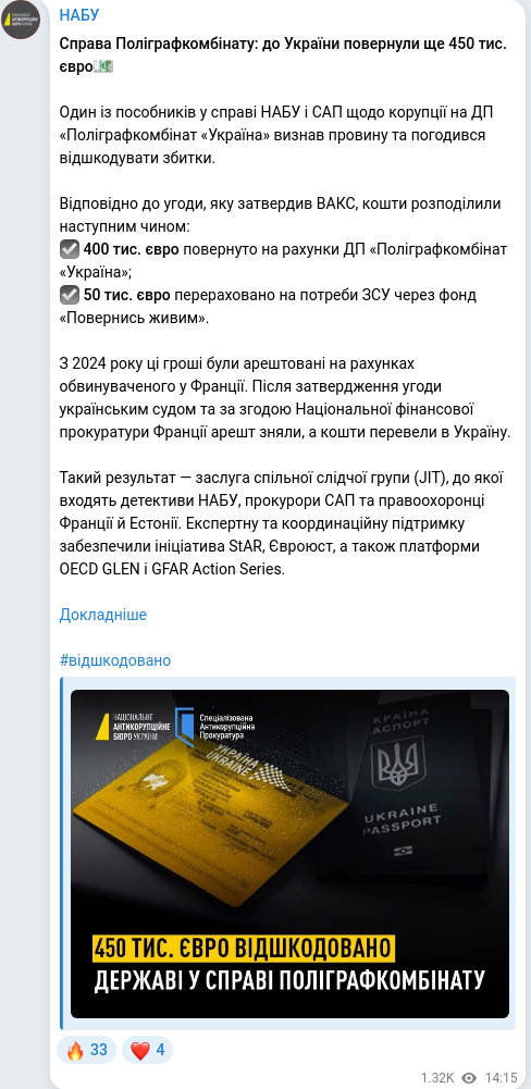 Скріншот Telegram-публікації
