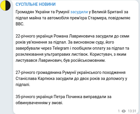 Скріншот Telegram-публікації