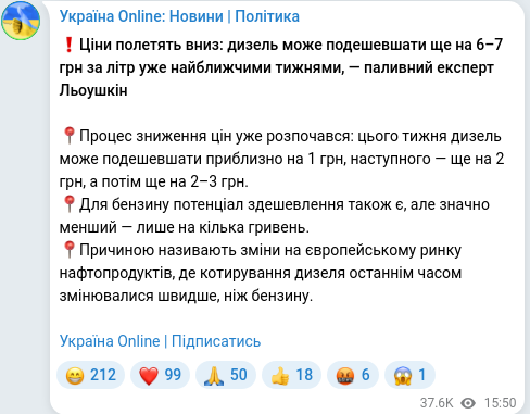 Скріншот Telegram-публікації