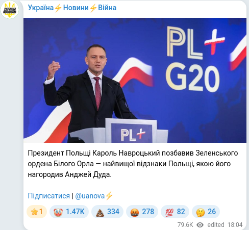 Скріншот Telegram-публікації: Зеленський Володимир Олександрович — Президент Польщі Кароль Навроцький позбавив Зеленського о…