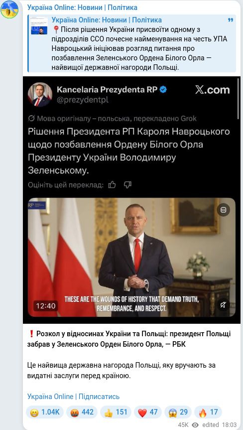 Telegram publication screenshot