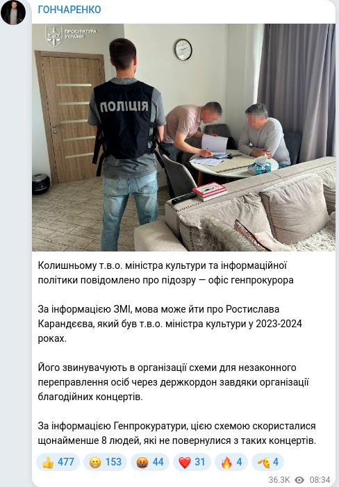 Screenshot of a Telegram post: Karandieiev Rostyslav Volodymyrovych — Колишньому т.в.о. міністра культури та інформаційної п…