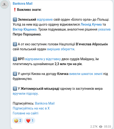Скріншот Telegram-публікації