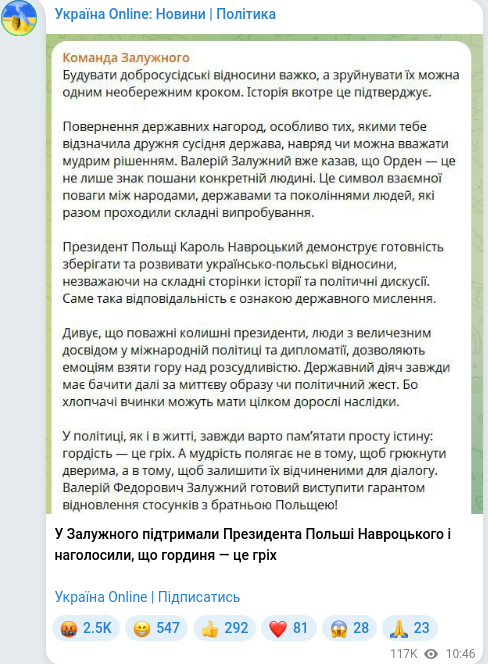 Скріншот Telegram-публікації