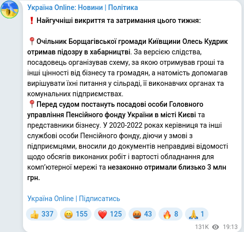 Скріншот Telegram-публікації