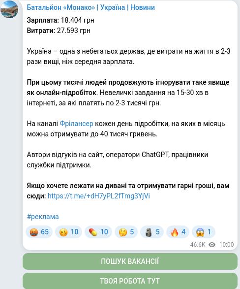 Скріншот Telegram-публікації