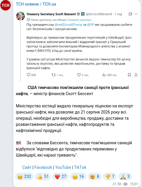 Скріншот Telegram-публікації