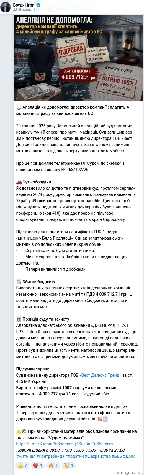 Скріншот Telegram-публікації
