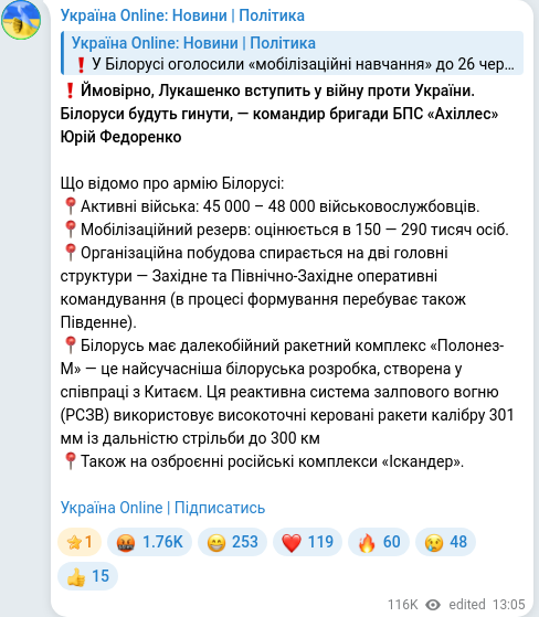 Скріншот Telegram-публікації