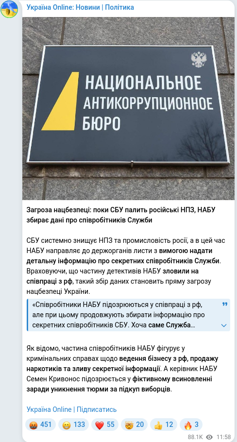 Скріншот Telegram-публікації