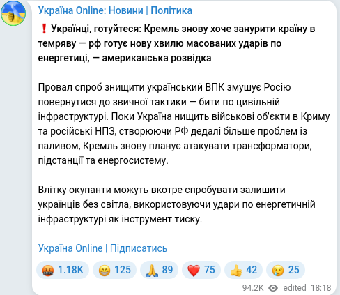 Скріншот Telegram-публікації