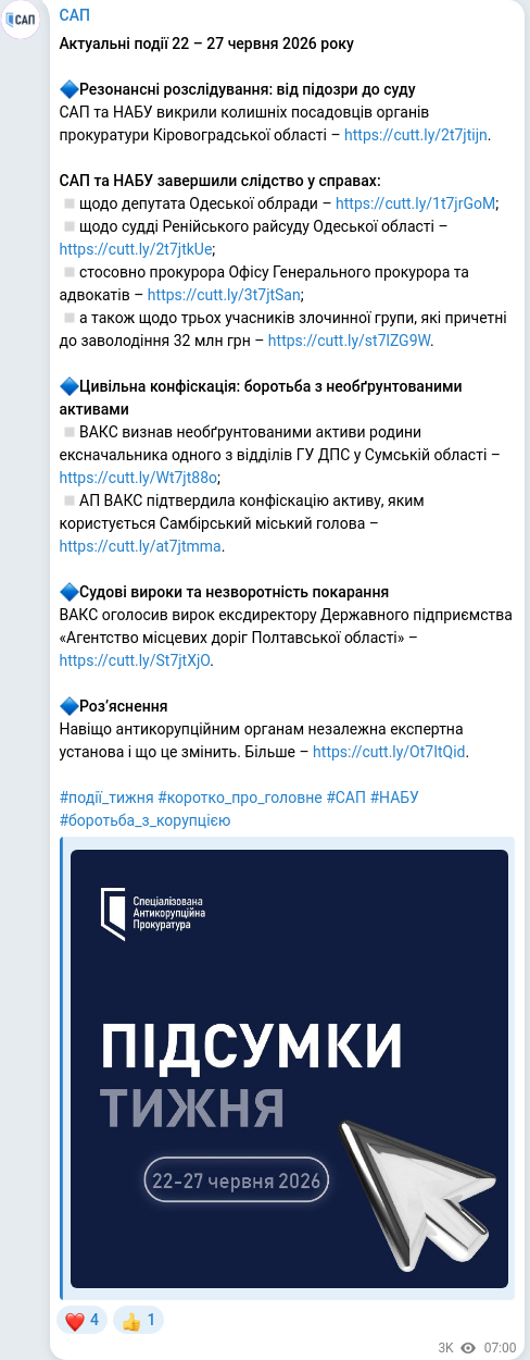 Скріншот Telegram-публікації