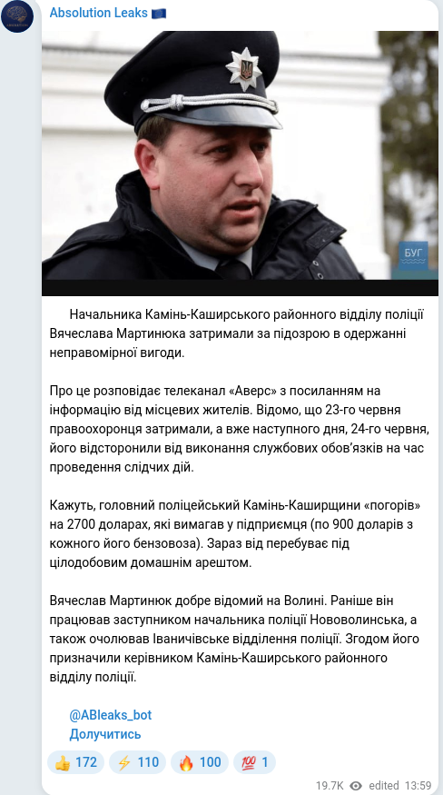 Скріншот Telegram-публікації