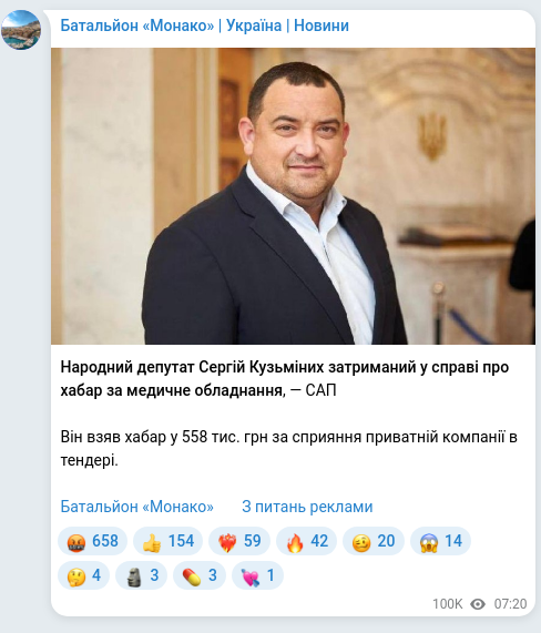 Screenshot of a Telegram post: Kuzminykh Serhiy Volodymyrovych — Народний депутат Сергій Кузьміних затриманий у справі про х…