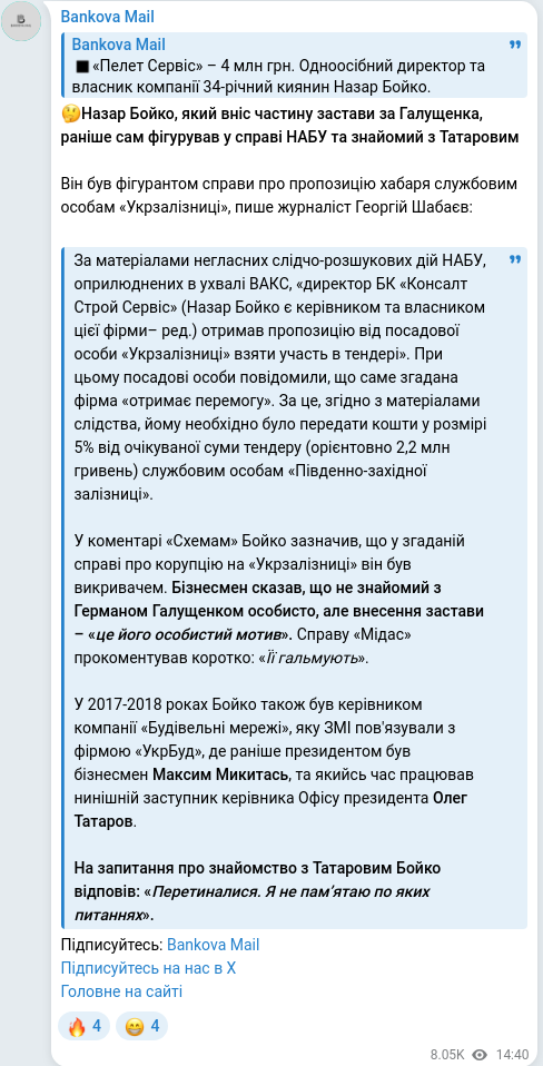 Screenshot of a Telegram post: Mykytas Maksym Viktorovych — 🤔Назар Бойко, який вніс частину застави за Галущенка, раніше са…