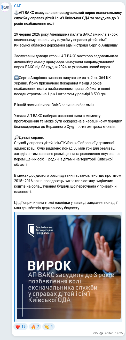 Скріншот Telegram-публікації