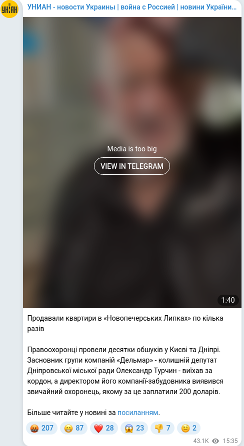 Screenshot of a Telegram post: Turchyn Oleksandr Leonidovych — Продавали квартири в «Новопечерських Липках» по кілька разів…