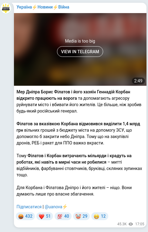 Скріншот Telegram-публікації