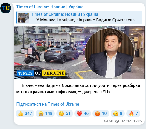 Screenshot of a Telegram post: Yermolayev Vadym Volodymyrovych — ⚡️Бізнесмена Вадима Єрмолаєва хотіли убити через розбірки…