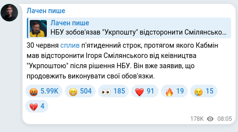 Screenshot of a Telegram post: Smilianskyi Ihor Yukhymovych — 30 червня сплив п'ятиденний строк, протягом якого Кабмін мав в…