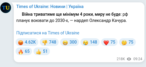 Screenshot of a Telegram post: Kachura Oleksandr Anatoliyovych — ❗️Війна триватиме ще мінімум 4 роки, миру не буде: рф план…