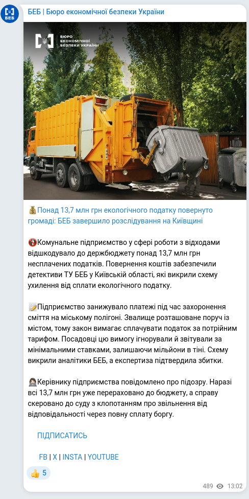 Screenshot of a Telegram post: 💰Понад 13,7 млн грн екологічного податку повернуто громаді: БЕБ завершило розс…